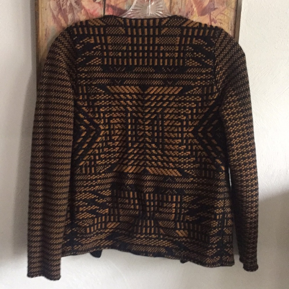 HM H&M STRETCH BOHO PATTERN OPEN WOVEN BLAZER JACKET TAN BLACK TRIBAL SOHO XS - Picture 9 of 13